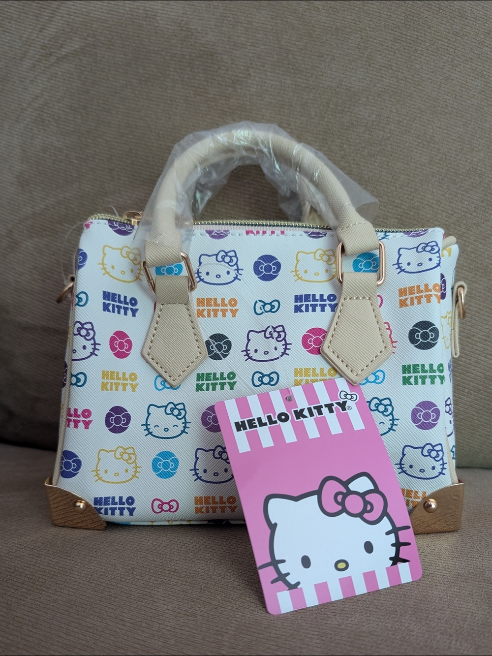 Hello Kitty Multicolor Mini Crossbody Bag w/Metal Feet Beige Trim Sanrio Gift - Picture 4 of 8